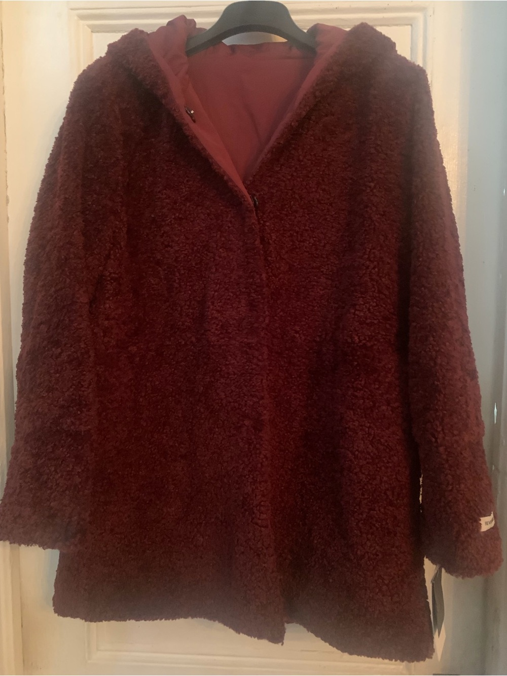 Jane Post Limited Edition Faux Fur Hooded Reversible Coat in Dark Red